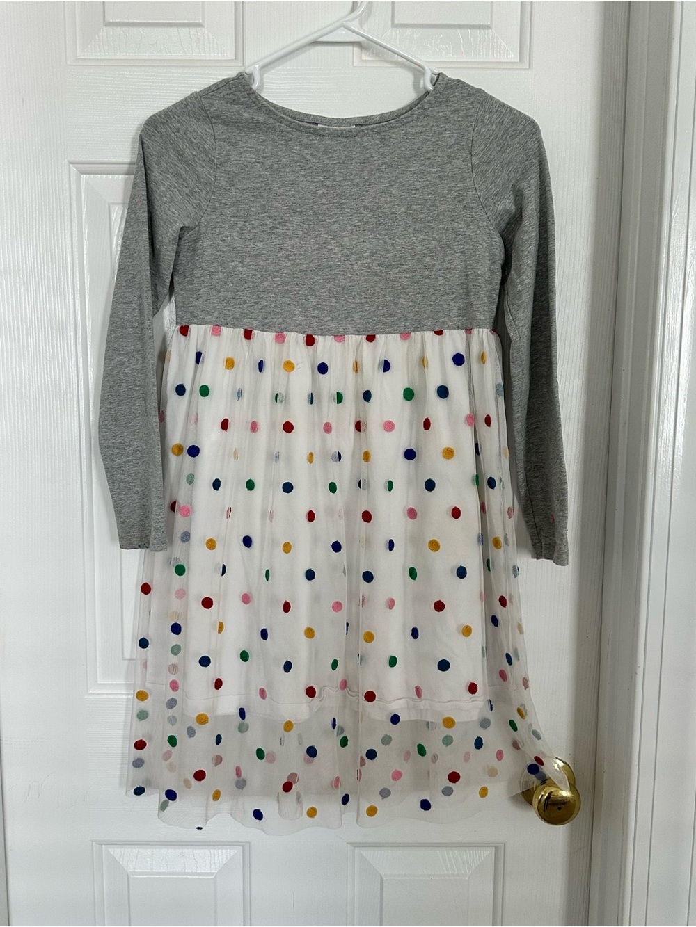Hanna Andersson Grey Long-Sleeve Dress with Multicolor Polka Dot tulle Skirt 140